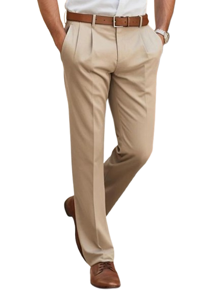 Man wearing sunglasses in a teal shirt and cream wide-leg trousers.